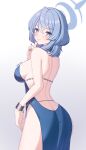  1girl absurdres ako_(blue_archive) ako_(dress)_(blue_archive) ass back backless_dress backless_outfit bare_shoulders blue_archive blue_dress blue_eyes blue_hair blue_halo breasts dress from_behind halo highres index_finger_raised large_breasts looking_at_viewer looking_back maru.selinn medium_hair nail_polish official_alternate_costume parted_lips purple_nails revealing_clothes side_slit sideboob sideless_dress simple_background sleeveless sleeveless_dress smile solo twitter_username underbust white_background 