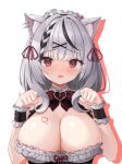  1girl :o absurdres animal_ears black_hair bow bowtie breasts cat_ears cleavage clothes_lift commentary_request corset detached_sleeves ear_piercing frilled_shirt frilled_sleeves frills grey_hair gyoza_(pixiv17855879) hair_ornament highres hololive large_breasts maid_headdress multicolored_hair nail_polish paw_pose piercing red_bow red_bowtie red_eyes sakamata_chloe shirt short_sleeves skirt skirt_lift smile solo streaked_hair upper_body virtual_youtuber wrist_cuffs x_hair_ornament 