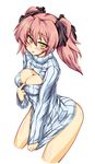  blush bottomless bow breasts bule_night cleavage cleavage_cutout clothes_tug hair_bow idolmaster idolmaster_cinderella_girls jougasaki_mika large_breasts meme_attire open-chest_sweater pink_hair short_hair smile solo sweater sweater_tug tongue tongue_out twintails yellow_eyes 