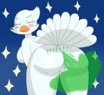 2018 anthro avian beak big_butt bird blue_background blush breasts butt columbid domestic_pigeon eyes_closed fancy_pigeon fantail_pigeon fart fart_cloud fart_fetish feathers female looking_back nude nyxiettenyxstar orange_beak pigeon side_boob simple_background snow_(nyxiette) solo star white_body white_feathers wind