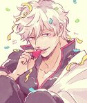  1boy collared_shirt commentary_request confetti dated food fruit gintama hair_between_eyes hatch_(8cco) japanese_clothes kimono looking_at_viewer male_focus pants red_eyes sakata_gintoki shirt short_hair solo strawberry tongue tongue_out white_hair white_kimono 