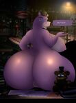 anthro big_breasts big_butt blue_eyes breasts butt clothing common_hippopotamus dialogue female five_nights_at_freddy&#039;s genitals hat headgear headwear hi_res hippopotamid looking_at_viewer mammal mr._hippo_(fnaf) photolol.03 pussy scottgames sitting sitting_on_table solo text thick_thighs ultimate_custom_night wide_hips