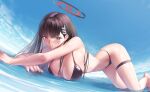  arched_back ass beach black_hair blue_archive breasts halo long_hair looking_at_viewer lp lying rio_(blue_archive) solo swimsuit thighhighs 