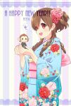  1girl 2016 :d animal blue_kimono brown_hair chinese_zodiac clothed_animal commentary_request floral_print flower hair_between_eyes hair_flower hair_ornament hands_up happy_new_year japanese_clothes kimono kusumoto_shizuru long_hair long_sleeves monkey obi original pink_flower print_kimono red_eyes red_flower sash smile solo striped_background translation_request wide_sleeves year_of_the_monkey 