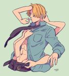  1boy 1girl abs belt blonde_hair blue_shirt changing_clothes cigarette commentary_request curly_eyebrows dated extra_arms facial_hair goatee_stubble hair_over_one_eye hatch_(8cco) necktie nico_robin one_piece pants sanji_(one_piece) shirt short_hair simple_background stubble upper_body 