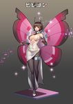  antennae black_legwear breasts brown_hair butterfly_wings cleavage covered_nipples elbow_gloves fingerless_gloves gen_6_pokemon gloves highres large_breasts legs long_legs looking_at_viewer navel original pantyhose personification pink_eyes pink_wings pokemon ryushin short_hair solo translated vivillon wings 