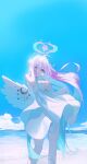  1girl absurdres angel_wings blue_archive breasts crescent feathered_wings hair_bun halo highres large_breasts long_hair looking_at_viewer low_wings mika_(blue_archive) pink_hair pink_halo shiina_1001 single_side_bun smile solo white_wings wings 
