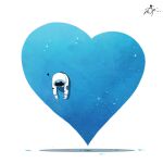  1other absurdres astronaut blue_theme commentary_request heart helmet highres kazunoko_(kazunoko_zunoco) light_particles mini_person original signature simple_background solo space_helmet stuck through_wall 