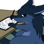 anthro black_eyes blue_body blue_fur dragon drawing drawing_tablet fur furniture furred_dragon giru giru_(artist) graphic_tablet hand_on_table holding_object holding_pen looking_angry looking_annoyed looking_at_viewer male nekoeko pen sitting sketch solo table tablet_pen