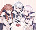  3girls apron au_ra birthday_cake black_apron black_bow black_bowtie black_dress bow bowtie braid braided_ponytail breasts brown_hair cake closed_eyes closed_mouth dragon_horns dress drill_hair final_fantasy final_fantasy_xiv food fruit grey_hair happy_birthday horns looking_at_another looking_at_object looking_down medium_breasts multicolored_hair multiple_girls open_mouth pink_hair purple_eyes scales scrunchie signature small_breasts smile strawberry streaked_hair tamanoka twin_drills upper_body warrior_of_light_(ff14) white_apron white_dress wrist_scrunchie 