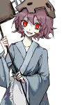  1other androgynous blue_kimono commentary_request fang frilled_kimono frills highres holding japanese_clothes katano_sukune katano_sukune&#039;s_bottle_opener kimono len&#039;en long_sleeves mxx33 open_mouth other_focus pale_skin red_eyes red_hair simple_background smile solo white_background white_kimono wide_sleeves 