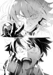  1boy 1girl chaldea_uniform close-up commentary_request constricted_pupils emphasis_lines fate/grand_order fate_(series) fujimaru_ritsuka_(female) fujimaru_ritsuka_(male) furrowed_brow gloves greyscale highres ichiji_(loce_and_peave) looking_at_viewer monochrome open_mouth serious sweat teeth 