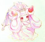  1girl alcremie alcremie_(ruby_cream) alcremie_(strawberry_sweet) blush butter_(oshi8kyoumoh) clothed_pokemon commentary_request dot_mouth food-themed_hair_ornament full_body hair_ornament highres long_hair multicolored_hair painting_(medium) pink_hair pink_veil pokemon pokemon_(creature) red_eyes sidelocks simple_background solo standing strawberry_hair_ornament streaked_hair traditional_media veil watercolor_(medium) white_background 