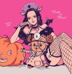  1boy 1girl antlers black_dress black_hair choker commentary_request dated detached_sleeves dress fishnet_thighhighs fishnets hand_on_another&#039;s_head hatch_(8cco) holding holding_stethoscope horns long_hair looking_at_viewer looking_to_the_side nico_robin one_piece pink_background pink_lips pumpkin reindeer_antlers simple_background stethoscope syringe thighhighs tony_tony_chopper wings 