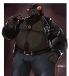 2024 anthro belly big_belly black_body black_fur bottomwear clothing fur hi_res humanoid_hands kemono male mammal moobs murid murine nipples overweight overweight_male pants pink_nose rat realiron_(artist) rodent simple_background solo