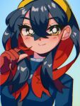  1990s_(style) 1girl black_hair blue_background carmine_(pokemon) closed_mouth colored_inner_hair commentary_request crossed_bangs gloves gradient_background hairband multicolored_hair nfvw2evamr86075 pokemon pokemon_sv red_gloves red_hair retro_artstyle smile solo two-tone_hair upper_body yellow_eyes yellow_hairband 
