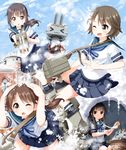  &gt;_&lt; :3 brown_eyes brown_hair building cannon closed_eyes commentary eating food fubuki_(kantai_collection) hands_on_own_head hatsuyuki_(kantai_collection) innertube kantai_collection long_hair miyuki_(kantai_collection) mochi multiple_girls one_eye_closed open_mouth pleated_skirt ponytail quinzhee rensouhou-chan ruu_(tksymkw) school_uniform serafuku shirayuki_(kantai_collection) shirt short_hair short_sleeves skirt snow_shelter snowball snowball_fight 