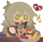  +_+ 1girl black_eyes blush bowl buttons cherry clenched_hand collared_shirt diamond_(shape) diamond_button drooling fang food frilled_shirt frilled_shirt_collar frilled_sleeves frills fruit green_eyes green_hair hair_between_eyes hand_up heart holding holding_spoon komeiji_koishi long_hair long_sleeves mouth_drool no_headwear no_lineart no_nose no_sclera open_mouth pudding saliva shirt simple_background skin_fang sleeves_past_wrists smile solo sparkle spoon symbol-shaped_pupils table third_eye tongue touhou white_background yellow_pupils yellow_shirt zunusama 
