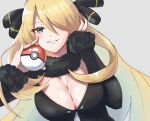  1girl black_coat blonde_hair breasts cleavage coat cynthia_(pokemon) hair_over_one_eye hasu_175 highres holding holding_poke_ball large_breasts long_hair long_sleeves looking_at_viewer parted_lips poke_ball poke_ball_(basic) pokemon pokemon_dppt smile solo very_long_hair white_background 