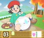 adeleine_(kirby) beret big_diaper blush bottomwear clean_diaper clothed clothing clothing_lift diaper diaper_under_clothing eyebrows female gameplay_mechanics hat headgear headwear hi_res human kirby_(series) looking_down lying mammal nintendo on_back paint raised_eyebrow skirt skirt_lift solo splatinkle underwear