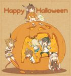  amatsukaze_(kantai_collection) black_hair black_legwear blonde_hair brown_hair candy chibi closed_eyes dress food fork gradient_hair hair_tubes hairband halloween happy_halloween headgear jack-o'-lantern kantai_collection kodama_(wa-ka-me) lollipop long_hair multicolored_hair multiple_girls mutsu_(kantai_collection) nagato_(kantai_collection) navel open_mouth pantyhose pumpkin sailor_dress school_uniform serafuku shimakaze_(kantai_collection) short_hair silver_hair smile striped striped_legwear stuck thighhighs tokitsukaze_(kantai_collection) two_side_up yukikaze_(kantai_collection) 