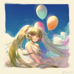  1girl balloon bare_arms blue_sky border chinese_commentary clothes_lift cloud commentary_request cowboy_shot dated day dress dress_lift green_eyes green_hair hair_ribbon hatsune_miku kita_(kitairoha) long_dress long_hair looking_at_viewer open_mouth outdoors ribbon sky sleeveless sleeveless_dress smile solo spaghetti_strap teeth twintails very_long_hair vocaloid watermark weibo_logo weibo_username white_border white_dress white_ribbon 
