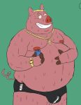 2021 anthro belly big_belly bodily_fluids bulge clothing domestic_pig geuremon green_background hi_res male mammal moobs nipples overweight overweight_male simple_background solo suid suina sus_(pig) sweat underwear