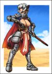  1girl animal_ears armor armored_boots blue_eyes blue_sky boots border breasts brown_horns cape cloud commentary cow_ears cow_girl cow_horns cow_tail day desert english_commentary full_body gauntlets greaves highres holding holding_sword holding_weapon horns large_breasts long_hair looking_afar medium_bangs nandi_(puchirisu) nipples open_mouth original outdoors outside_border pauldrons pelvic_curtain puchirisu red_cape shoulder_armor sky smile solo standing sword tail teeth upper_teeth_only weapon white_border white_hair 