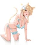  1girl absurdres animal_ear_fluff animal_ears arm_support bare_shoulders bikini black_choker blonde_hair blue_bikini blush bow bow_bikini breasts cat_ears cat_tail choker claw_pose cleavage dokimaru fangs flower frilled_bikini frills front-tie_top genshin_impact hair_between_eyes hair_flower hair_ornament halterneck highres kneeling large_breasts looking_at_viewer lumine_(genshin_impact) multi-strapped_bikini_bottom open_mouth short_hair short_hair_with_long_locks side-tie_bikini_bottom sidelocks simple_background solo string_bikini swimsuit tail thigh_strap white_background white_flower yellow_eyes 