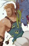  1boy abs artist_name bara bare_shoulders beard behemoth_(final_fantasy) blonde_hair chest_hair coin earrings facial_hair final_fantasy final_fantasy_vi grin jewelry long_hair looking_ahead male_focus monster muscular muscular_male paexie pants ponytail sabin_rene_figaro simple_background smile solo sweat tank_top white_background white_pants 