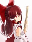  1girl absurdres bow broom closed_mouth commentary detached_sleeves frilled_bow frilled_hair_tubes frills hair_bow hair_tubes hakurei_reimu highres holding holding_broom light_smile long_hair looking_at_viewer niangao_(8490593) red_bow red_eyes red_hair ribbon-trimmed_sleeves ribbon_trim solo touhou 
