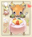  +_+ 2boys ^_^ animal_crossing apron ascot beau_(animal_crossing) blue_eyes brown_background brown_horns buck_(animal_crossing) carrot chair chef_hat closed_eyes commentary_request deer_boy egg_(food) eggshell flower food furry furry_male green_sweater hat heart highres holding holding_spoon horns horse_boy jacket ketchup ketchup_bottle kopa_nishikida long_sleeves male_focus multiple_boys omelet omurice petals pink_flower plate red_apron red_ascot simple_background sitting sparkle spoon sweater table tablecloth thick_eyebrows white_headwear white_jacket 