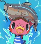  1girl :d animal animal_crossing arms_up black_eyes blue_background blue_one-piece_swimsuit blush blush_stickers brown_hair commentary_request duck_girl fish freckles freckles_(animal_crossing) furry furry_female highres holding holding_animal holding_fish kopa_nishikida looking_at_viewer one-piece_swimsuit open_mouth simple_background smile solo splashing striped_clothes striped_one-piece_swimsuit swimsuit two-tone_one-piece_swimsuit water white_one-piece_swimsuit 