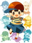  1boy alternate_color backpack bag baseball_bat baseball_cap black_hair blue_shorts blush_stickers checkered_clothes checkered_shirt doseisan full_body hat hitofutarai holding holding_baseball_bat jumping looking_at_viewer male_focus mother_(game) mother_2 multiple_views ness_(mother_2) one_eye_closed open_mouth outstretched_arms player_2 red_footwear red_headwear shirt short_hair shorts sideways_hat solid_oval_eyes solo spread_arms super_smash_bros. 