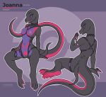 anthro bedroom_eyes black_body black_scales breasts collar female generation_7_pokemon genitals harness hi_res joanna_(byzil) leash leashed_collar looking_at_viewer madbeak multicolored_body narrowed_eyes nintendo nipples non-mammal_breasts non-mammal_nipples nude pokemon pokemon_(species) purple_eyes pussy reptile salazzle scales scalie seductive solo
