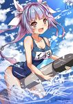  :d between_legs blush breasts character_name clothes_writing cloud dated day fang hair_ornament hair_ribbon holding holding_torpedo i-19_(kantai_collection) kantai_collection large_breasts multicolored_hair open_mouth pink_hair purple_hair red_eyes ribbon sakiyamama school_swimsuit sky smile star star-shaped_pupils swimsuit symbol-shaped_pupils torpedo twintails twitter_username two-tone_hair water 