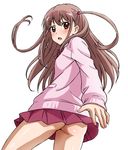  achiga_school_uniform ass atarashi_ako blush brown_hair cardigan from_behind long_hair looking_back mitamura-kun_(landcell) no_panties pink_cardigan red_eyes saki school_uniform skirt solo standing two_side_up 