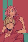  1boy 1girl blonde_hair blue_eyes commentary_request couch curly_eyebrows earrings facial_hair goatee hair_over_one_eye hatch_(8cco) jewelry light_smile mustache_stubble on_couch one_piece pink_hair pink_nails red_shirt red_sweater sanji_(one_piece) shirt short_hair sidelocks single_earring sitting sleeveless sleeveless_turtleneck smile stubble sweater turtleneck turtleneck_sweater vinsmoke_reiju 