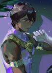  1boy arjuna_(fate) black_eyes black_hair crying crying_with_eyes_open dark-skinned_male dark_skin english_commentary fate/grand_order fate_(series) from_side gloves hair_between_eyes highres jewelry looking_down male_focus shadow shirt short_hair sidelighting sleeveless sleeveless_shirt solo taro-k tearing_up tears tight_clothes tight_shirt toned toned_male upper_body very_dark_skin white_gloves 