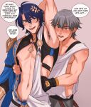  2boys abs absurdres ahoge annoyed armpit_hair armpits asymmetrical_sleeves black_gloves blue_hair blue_pubic_hair blush braid caelus_(honkai:_star_rail) chalseu dr._ratio_(honkai:_star_rail) english_text fingerless_gloves gloves grey_hair highres honkai:_star_rail honkai_(series) looking_at_another male_focus multiple_boys muscular muscular_male narcissism navel nipples open_mouth pubic_hair shirt short_hair simple_background speech_bubble trailblazer_(honkai:_star_rail) white_shirt yaoi yellow_eyes 