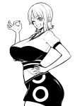  1girl breasts collarbone commentary_request cowboy_shot curvy grey_background grin hand_gesture hand_on_own_hip hand_up huge_breasts kanno_takanori light_blush looking_at_viewer miniskirt money_gesture monochrome nami_(one_piece) one_eye_closed one_piece shirt short_hair short_sleeves single_sidelock skirt smile solo teeth white_background 