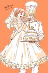  1boy 1girl blonde_hair bridal_veil cake carrying chef_hat commentary_request curly_eyebrows dress facial_hair food goatee hair_bun hair_over_one_eye hat hatch_(8cco) highres holding holding_plate jewelry looking_at_another nami_(one_piece) necklace one_piece orange_background orange_hair orange_nails pants plate sanji_(one_piece) simple_background single_sidelock veil wedding_dress white_pants 