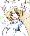  2008 :d blonde_hair blush breasts brooch character_name dated fang fox_tail frills futami_yayoi gem hat impossible_clothes jewelry long_sleeves looking_at_viewer medium_breasts multiple_tails open_mouth shikishi short_hair smile solo tail tooth touhou traditional_media upper_body yakumo_ran 