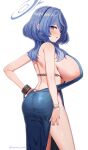  1girl ako_(blue_archive) ako_(dress)_(blue_archive) backless_dress backless_outfit blue_archive blue_dress blue_eyes blue_hair blue_halo blush breasts cowboy_shot cuffs dress earrings halo handcuffs highres jewelry large_breasts long_hair marota official_alternate_costume open_mouth simple_background solo twitter_username white_background 