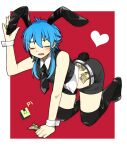  1boy all_fours animal_ears arm_support black_shorts black_thighhighs blue_hair blush boots border closed_eyes collared_shirt commentary_request dramatical_murder embarrassed full_body hair_between_eyes heart holding holding_money kneeling long_hair male_focus matatumi money necktie open_mouth otoko_no_ko pink_background rabbit_ears rabbit_tail seragaki_aoba shirt short_necktie shorts tail tearing_up thigh_boots thighhighs thighs tucked_money white_border 