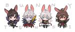  4boys ahoge animal_ears armor belial_(granblue_fantasy) blue_eyes blush_stickers brown_hair chibi colored_eyelashes commentary commentary_request cup empty_eyes english_text expressionless feather_boa feathered_wings full_body furrowed_brow granblue_fantasy grin hair_between_eyes holding holding_cup hood kemonomimi_mode light_smile lucifer_(shingeki_no_bahamut) lucilius_(granblue_fantasy) male_focus messy_hair multiple_boys pale_skin rabbit_ears red_eyes sandalphon_(granblue_fantasy) sanditk_gbf scar scar_on_neck short_hair smile spiked_hair topless_male white_background white_hair wings 