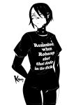  1girl android artist_name closed_mouth clothes_writing commentary cowboy_shot elster_(signalis) english_commentary english_text greyscale highres joints koyorin monochrome print_shirt robot_joints shirt short_hair short_sleeves signalis solo 