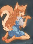 absurd_res accessory anthro asuka_langley_soryu bedroom blue_clothing blue_eyes canid canine canis clothed clothing creamytako digitigrade female fully_clothed fur hair hair_accessory hi_res inside looking_at_viewer mammal neon_genesis_evangelion orange_body orange_fur orange_hair orange_tail pawpads paws school_uniform sitting solo tail tongue tongue_out uniform wariza wolf