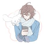  1boy ahoge bishounen blue_eyes blue_jacket blue_scarf brown_hair cinnamoroll coffee coffee_cup commentary cup disposable_cup drink granblue_fantasy hair_between_eyes happy highres holding holding_drink jacket light_smile looking_at_another male_focus messy_hair rabbit red_eyes sandalphon_(granblue_fantasy) sanditk_gbf sanrio scarf shirt short_hair sketch striped_clothes striped_shirt white_background 