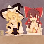  2girls ascot black_vest blonde_hair book bow braid brown_hair chinese_commentary commentary_request cup detached_sleeves drinking food frilled_bow frilled_hair_tubes frills hair_bow hair_tubes hakurei_reimu hat hat_bow highres kirisame_marisa long_hair multiple_girls niangao_(8490593) open_book reading red_bow senbei side_braid single_braid touhou vest white_bow witch_hat yellow_ascot yellow_eyes yunomi 